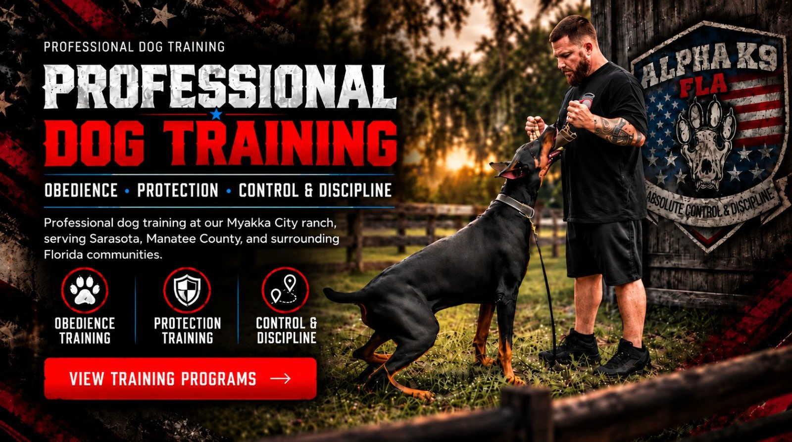 Professional dog training at Alpha K9 FLA in Myakka City, Sarasota and Manatee County, Florida